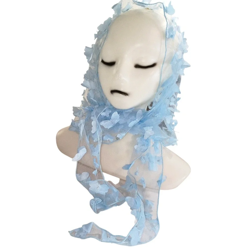 Light Blue 3D Butterfly Mesh Head Scarf Babushka Kerchief Fairycore‎ Accessory